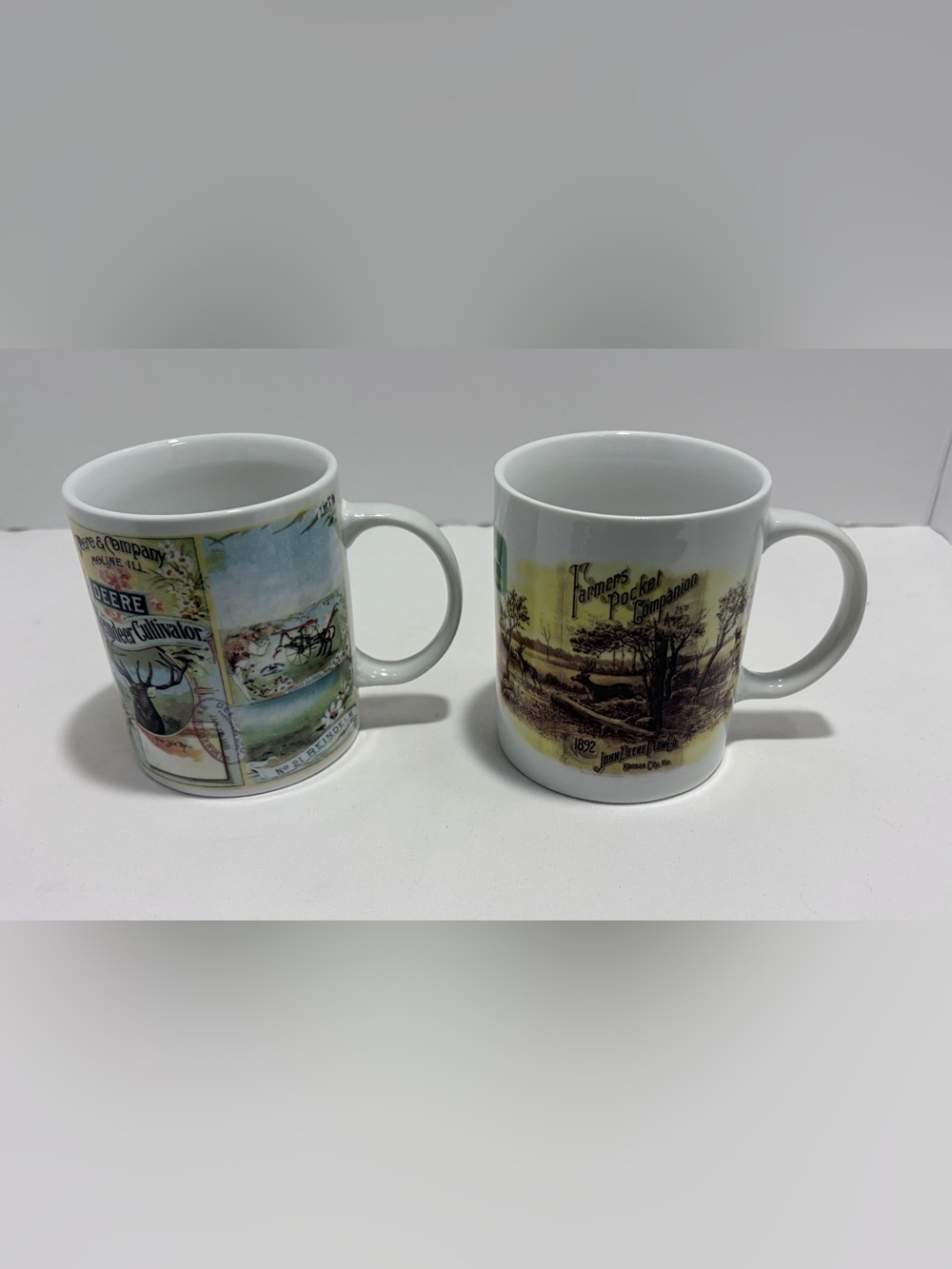 John Deere White Ceramic Mugs with Vintage Farm Illustration and Yellow Accent